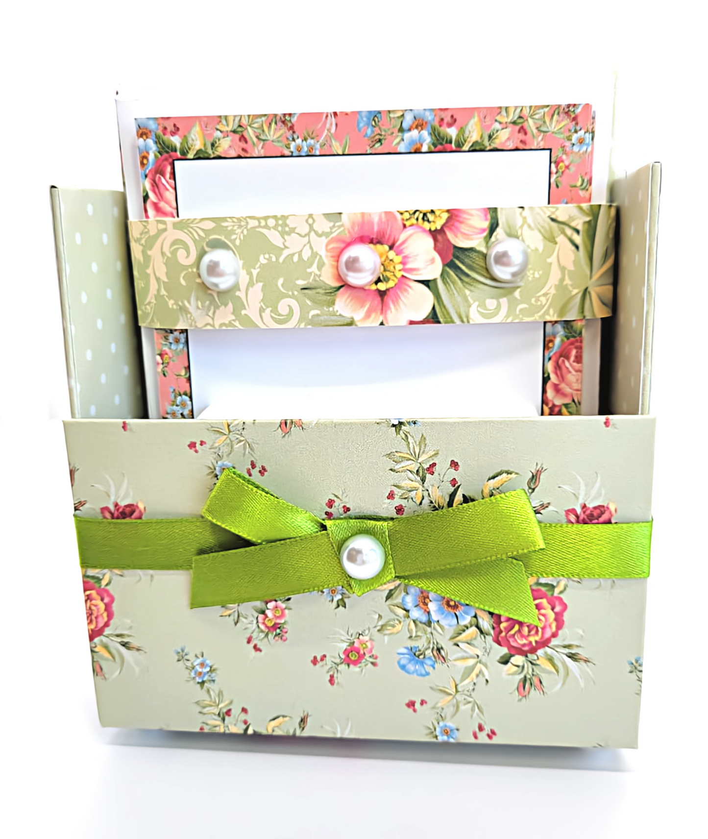 42-Pc Stationery Gift Box Set with Reusable Desktop Organizer Box  (Coral Pink & Sage Green Floral)