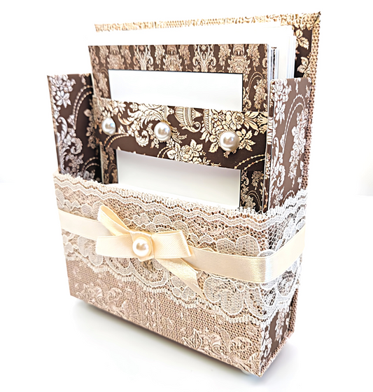 42-Pc Stationery Gift Box Set with Reusable Desktop Organizer Box  (Ivory & Brown Vintage Lace)