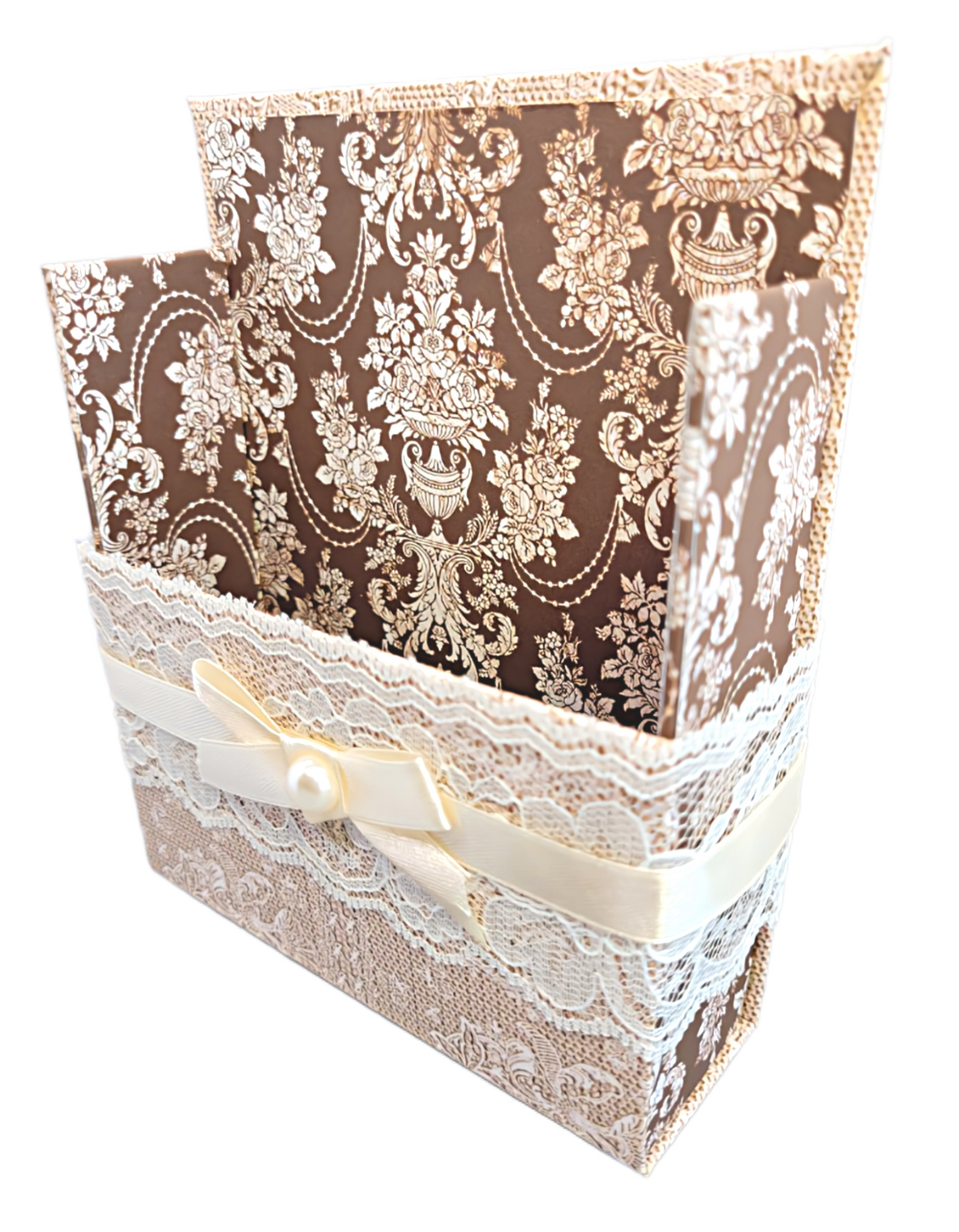 42-Pc Stationery Gift Box Set with Reusable Desktop Organizer Box  (Ivory & Brown Vintage Lace)