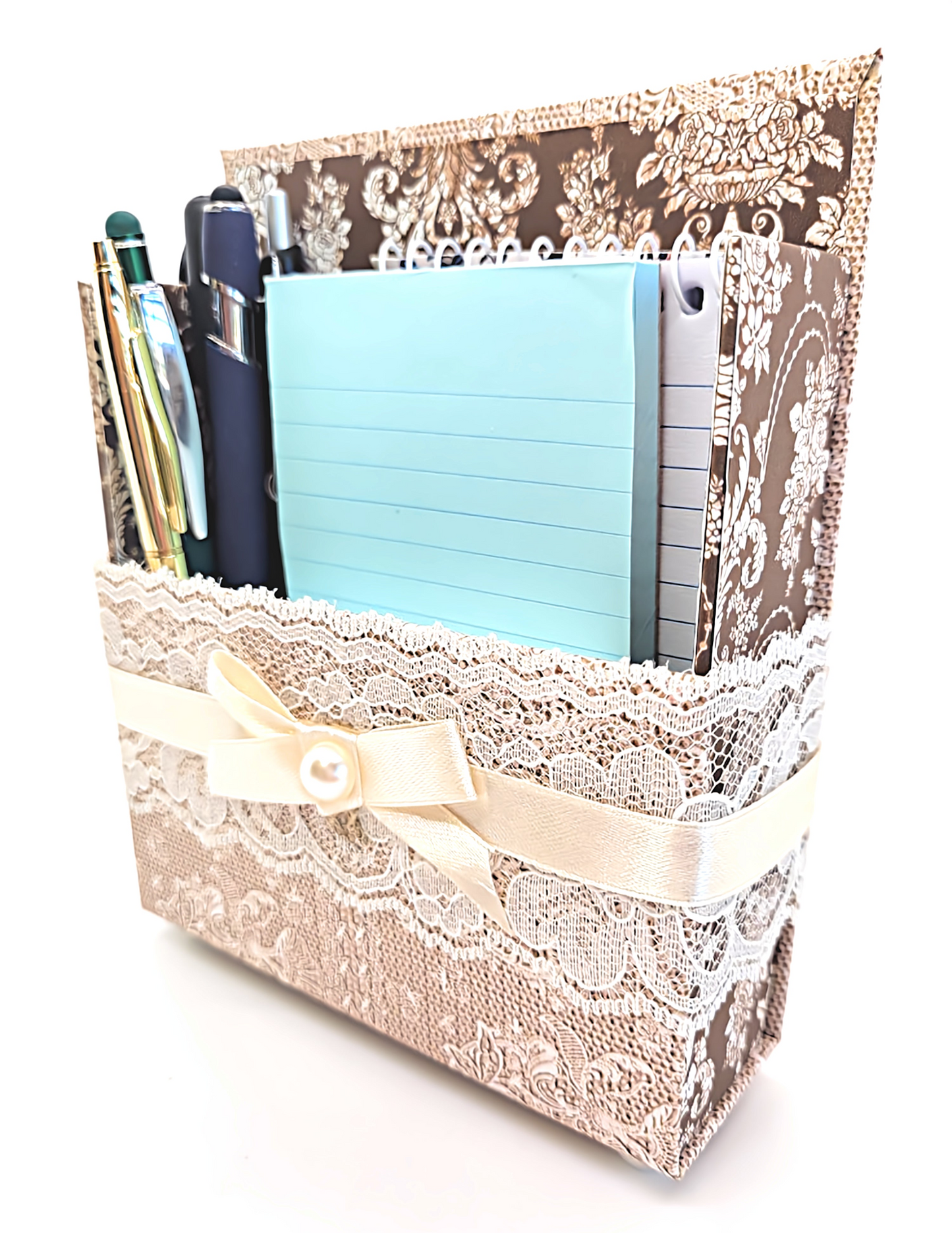 42-Pc Stationery Gift Box Set with Reusable Desktop Organizer Box  (Ivory & Brown Vintage Lace)