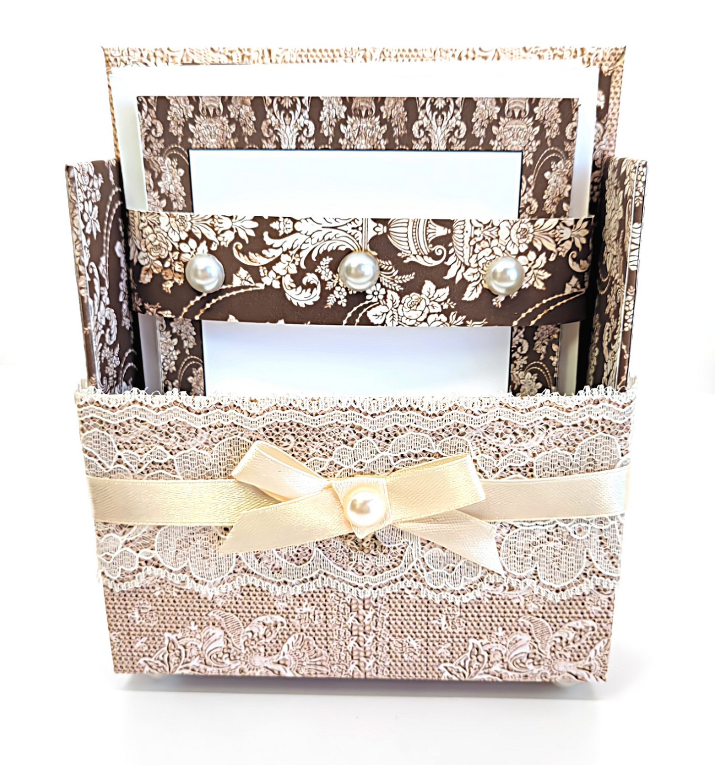 42-Pc Stationery Gift Box Set with Reusable Desktop Organizer Box  (Ivory & Brown Vintage Lace)