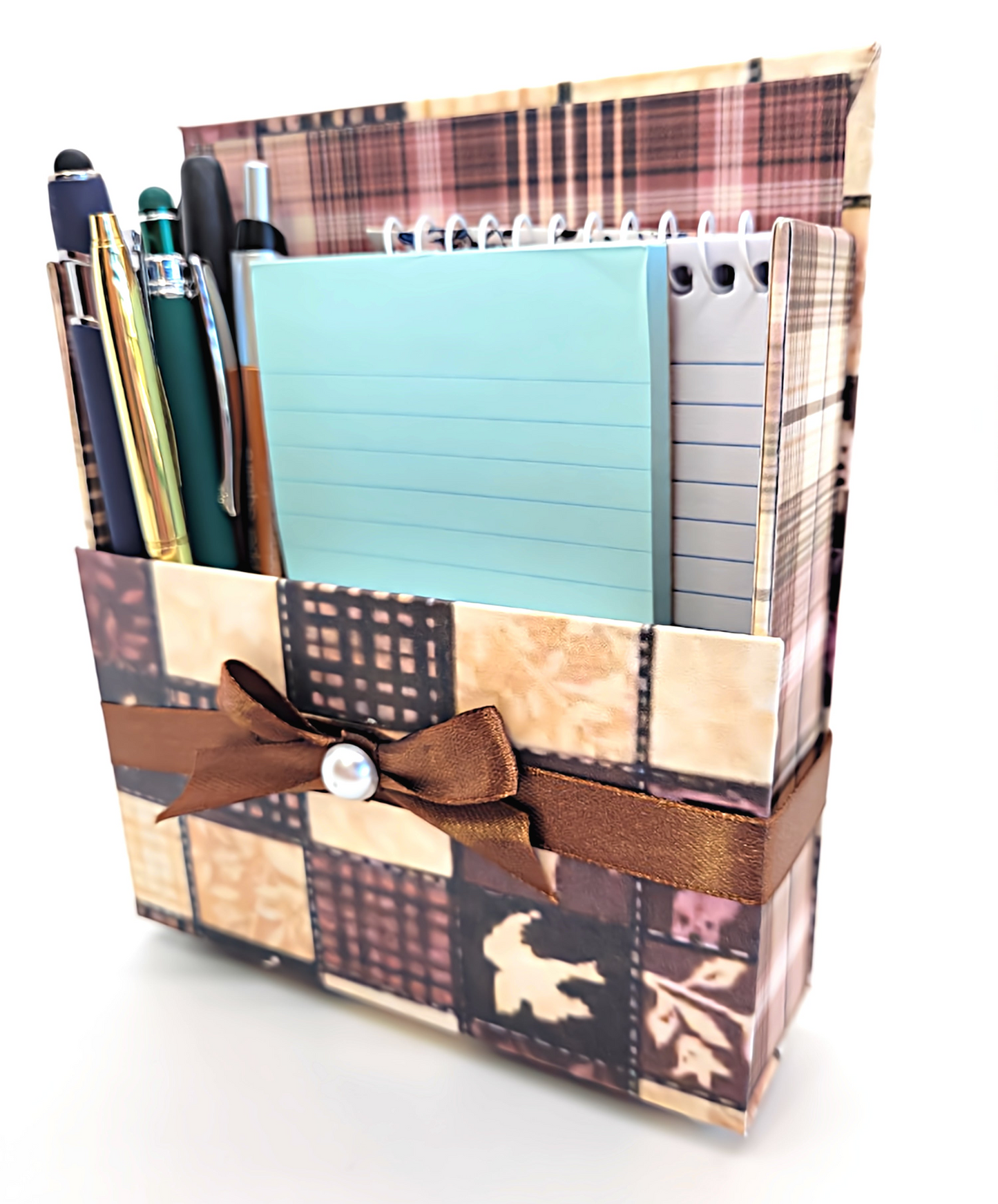 42-Pc Stationery Gift Box Set with Reusable Desktop Organizer Box  (Pink, Brown & Ivory Plaid)