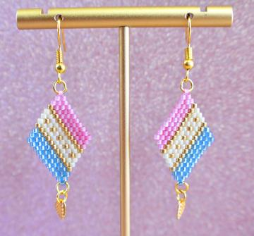 Baby Blue, Baby Pink and Gold Diagonal Geometric Delica Earrings