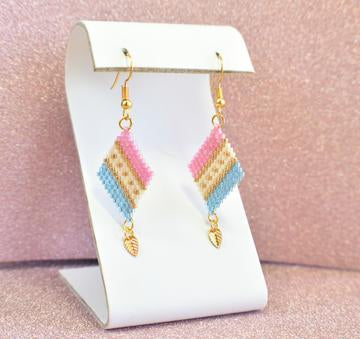 Baby Blue, Baby Pink and Gold Diagonal Geometric Delica Earrings