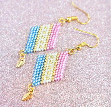 Baby Blue, Baby Pink and Gold Diagonal Geometric Delica Earrings