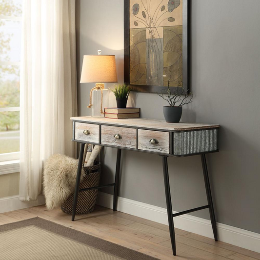 ALTA COLLECTION DESK/ENTRY TABLE WITH 3 DRAWERS/Washed Fir Wood w/gray and black metal