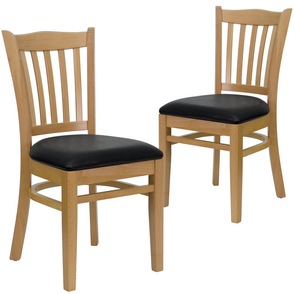 2 Pk. HERCULES Series Natural Wood Finished Vertical Slat Back Wooden Restaurant Chair - Black Vinyl Seat