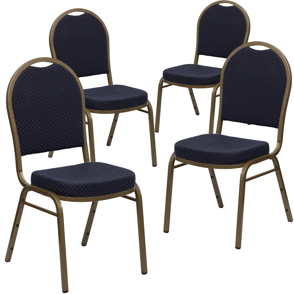 4 Pk. HERCULES Series Dome Back Stacking Banquet Chair with Navy Patterned Fabric and 2.5'' Thick Seat - Gold