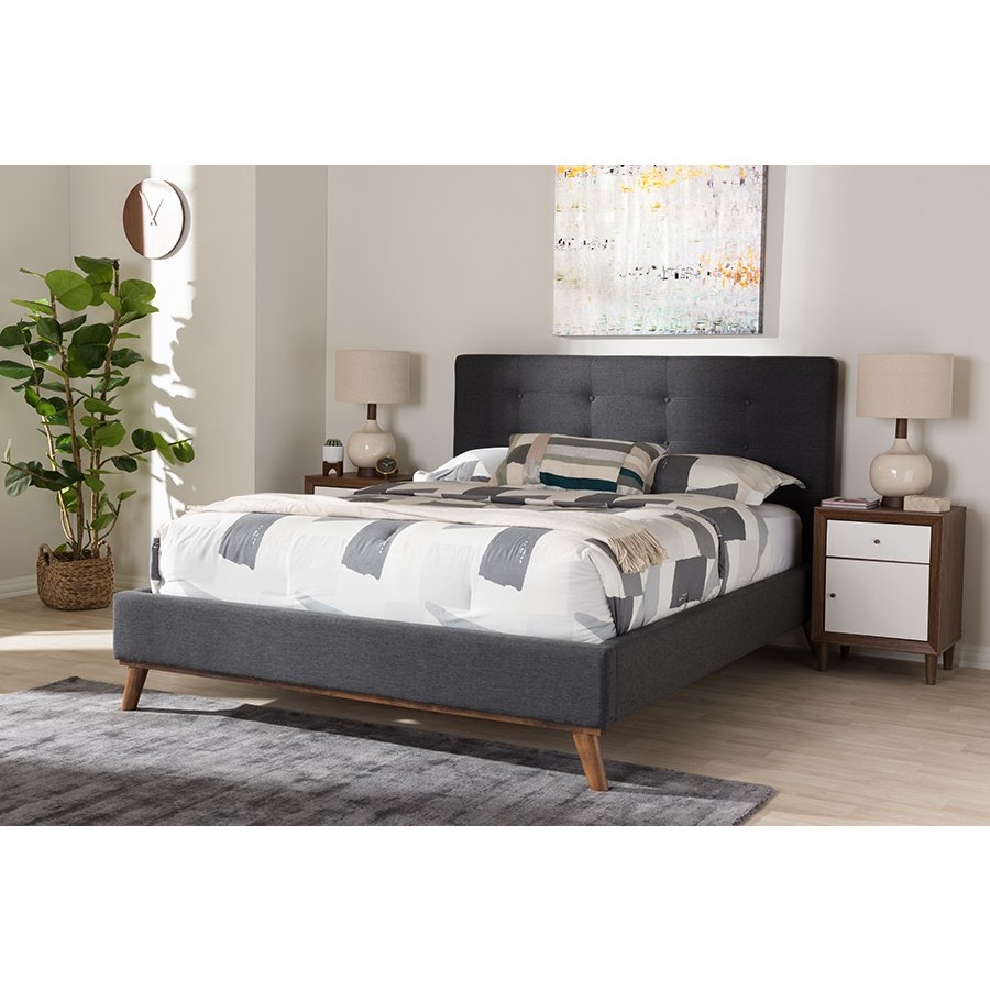 Valencia Mid-Century Modern Dark Grey Fabric Queen Size Platform Bed