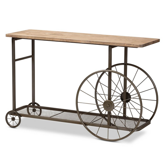 Terence Vintage Rustic Industrial Natural Finished Wood and Black Finished Metal Wheeled Console Table