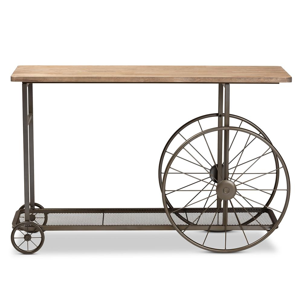 Terence Vintage Rustic Industrial Natural Finished Wood and Black Finished Metal Wheeled Console Table