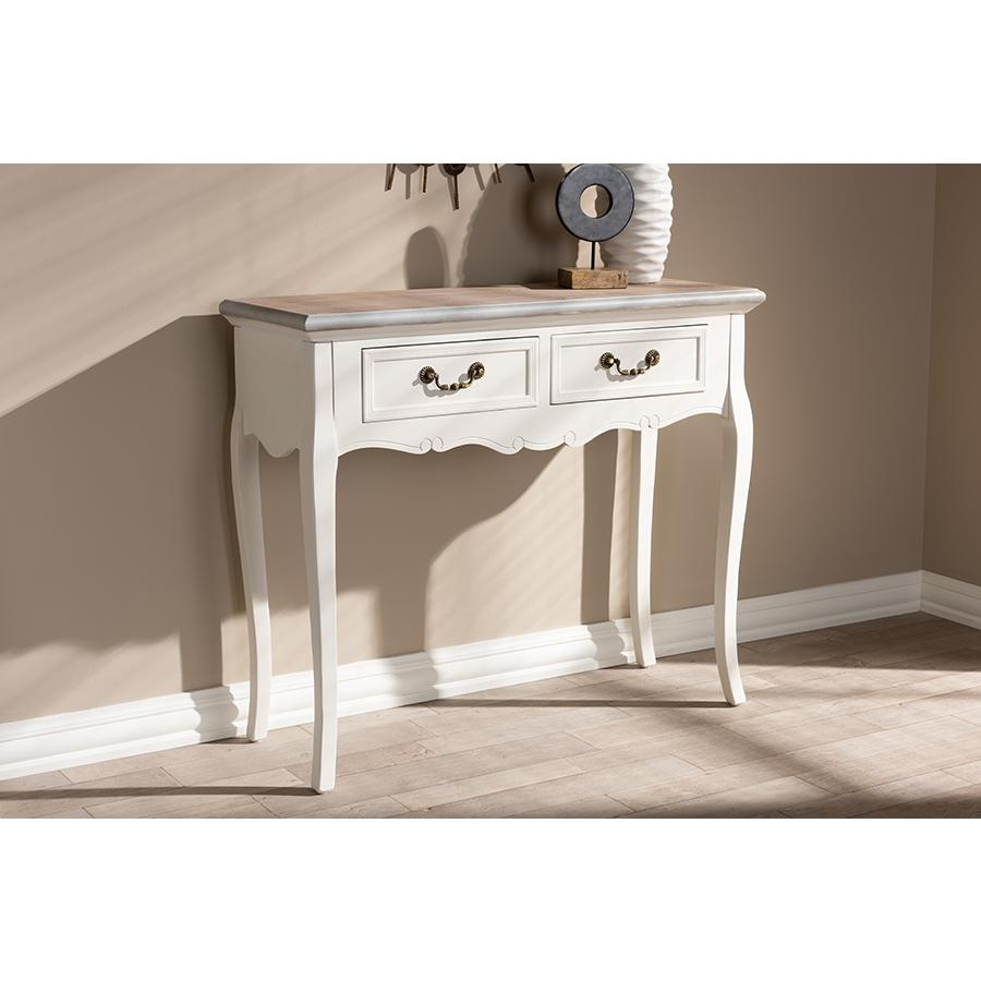 Baxton Studio Capucine Antique French Country Cottage Two Tone Natural Whitewashed Oak and White Finished Wood 2-Drawer Console Table