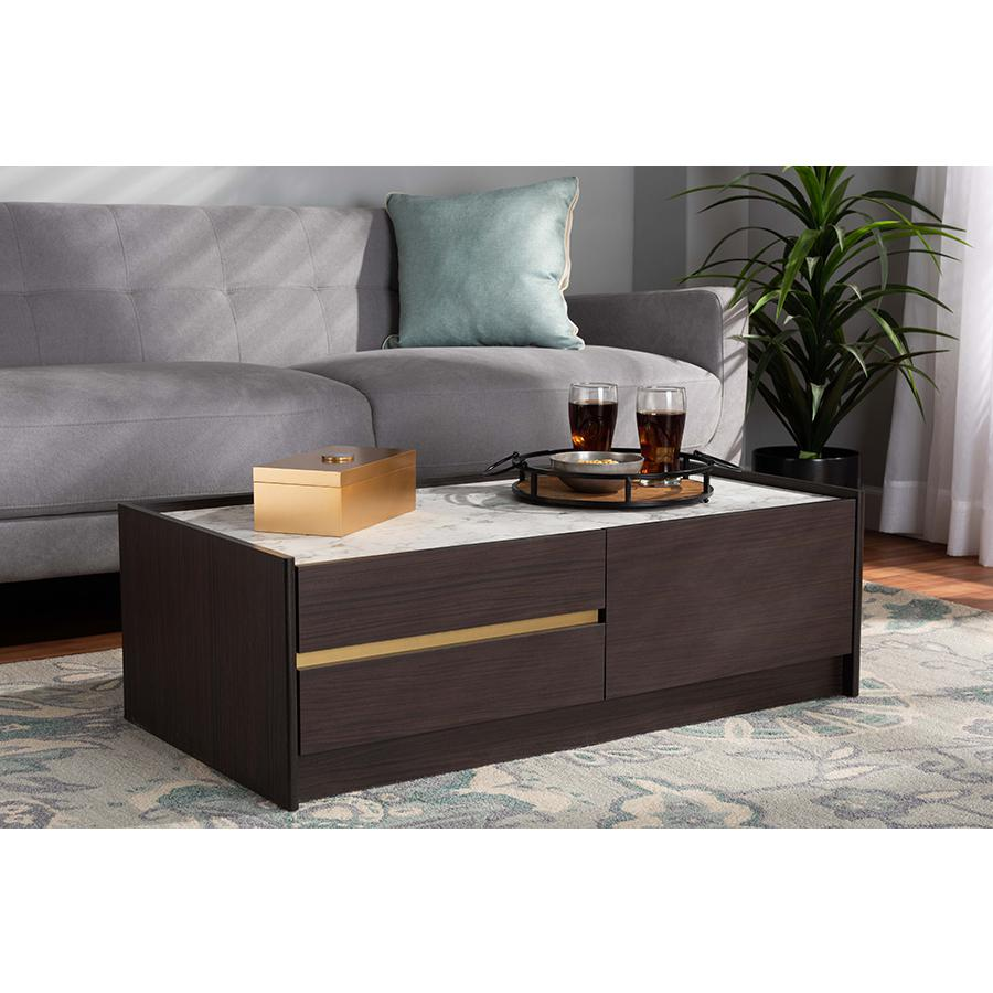 Baxton Studio Walker Modern and Contemporary Dark Brown and Gold Finished Wood Coffee Table with Faux Marble Top