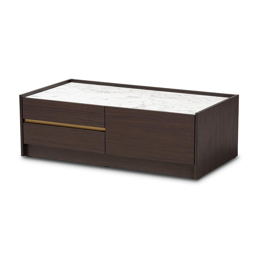 Baxton Studio Walker Modern and Contemporary Dark Brown and Gold Finished Wood Coffee Table with Faux Marble Top