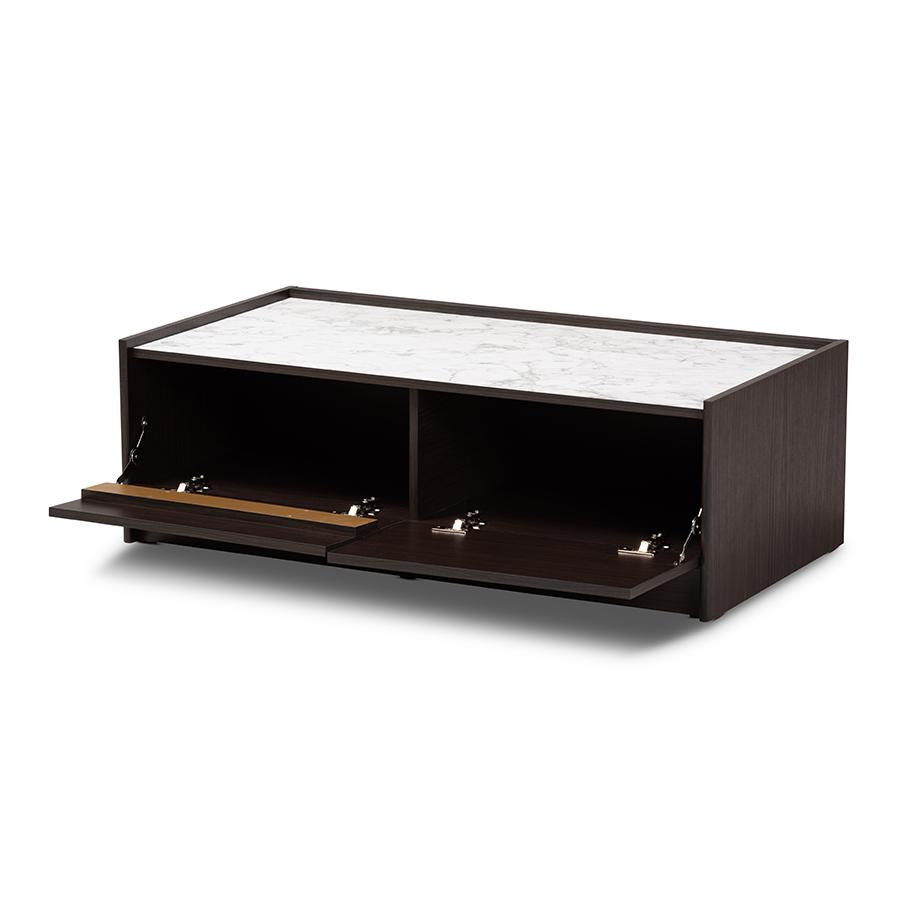 Baxton Studio Walker Modern and Contemporary Dark Brown and Gold Finished Wood Coffee Table with Faux Marble Top