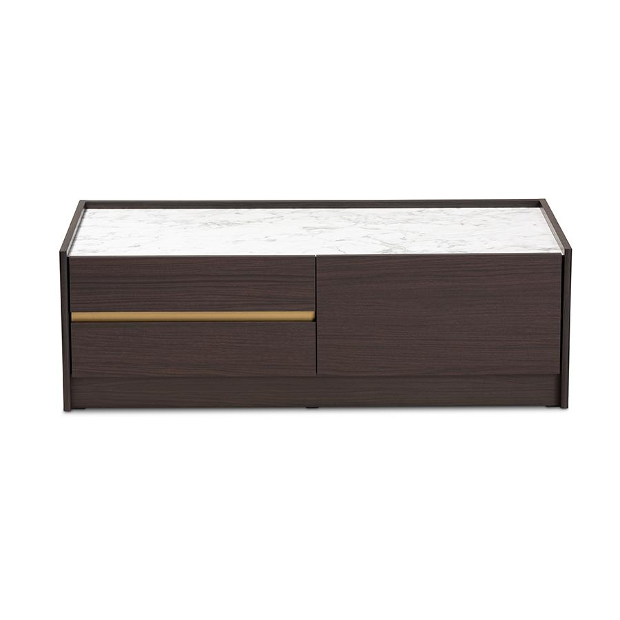 Baxton Studio Walker Modern and Contemporary Dark Brown and Gold Finished Wood Coffee Table with Faux Marble Top