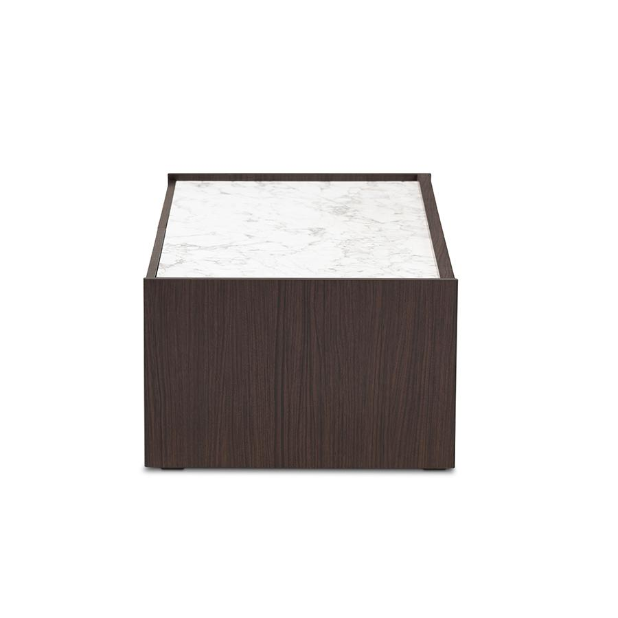 Baxton Studio Walker Modern and Contemporary Dark Brown and Gold Finished Wood Coffee Table with Faux Marble Top