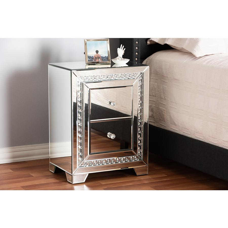 Mina Modern and Contemporary Hollywood Regency Glamour Style Mirrored Three Drawer Nightstand Bedside Table