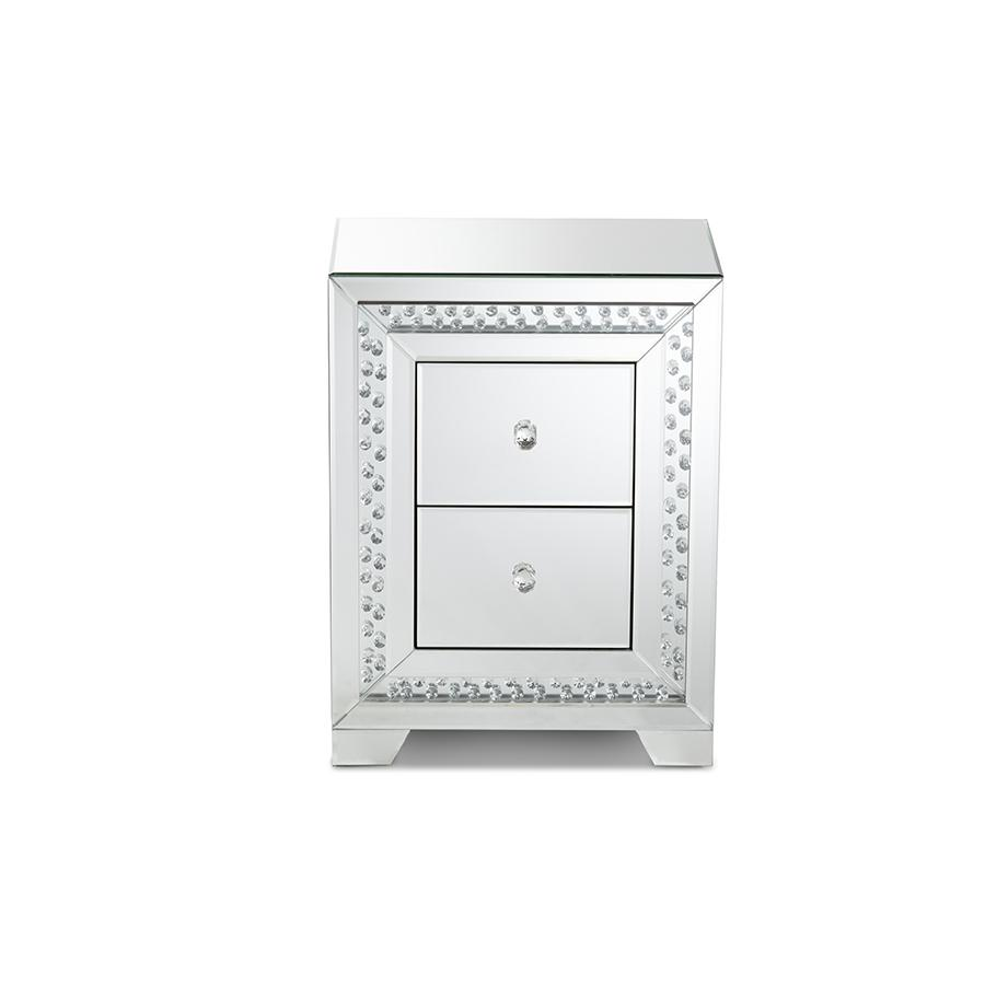 Mina Modern and Contemporary Hollywood Regency Glamour Style Mirrored Three Drawer Nightstand Bedside Table