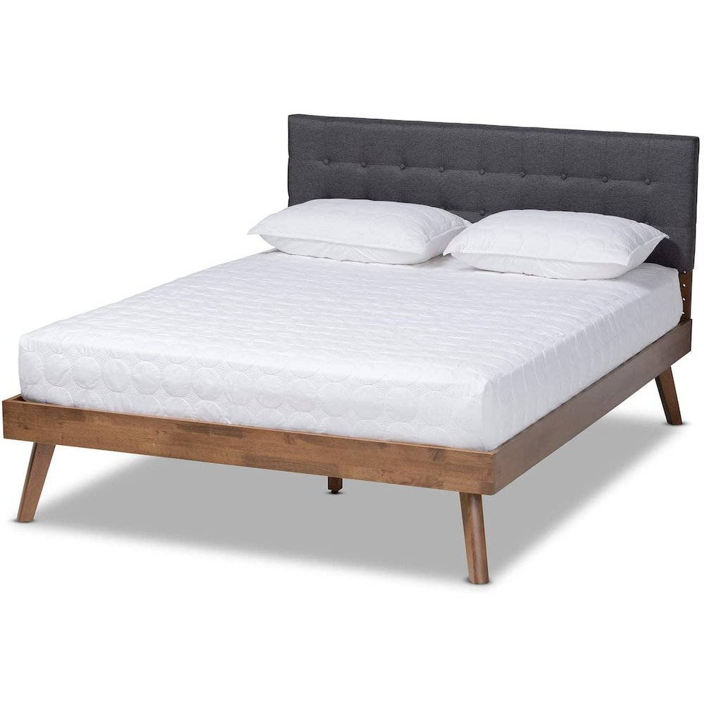 Baxton Studio Devan MidCentury Modern Dark Grey Fabric Upholstered Walnut Brown Finished Wood King Size Platform Bed