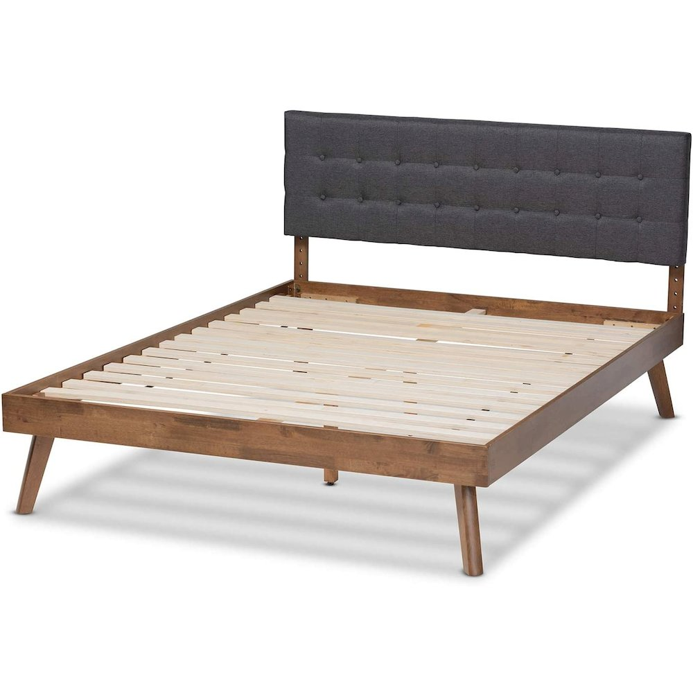 Baxton Studio Devan MidCentury Modern Dark Grey Fabric Upholstered Walnut Brown Finished Wood King Size Platform Bed