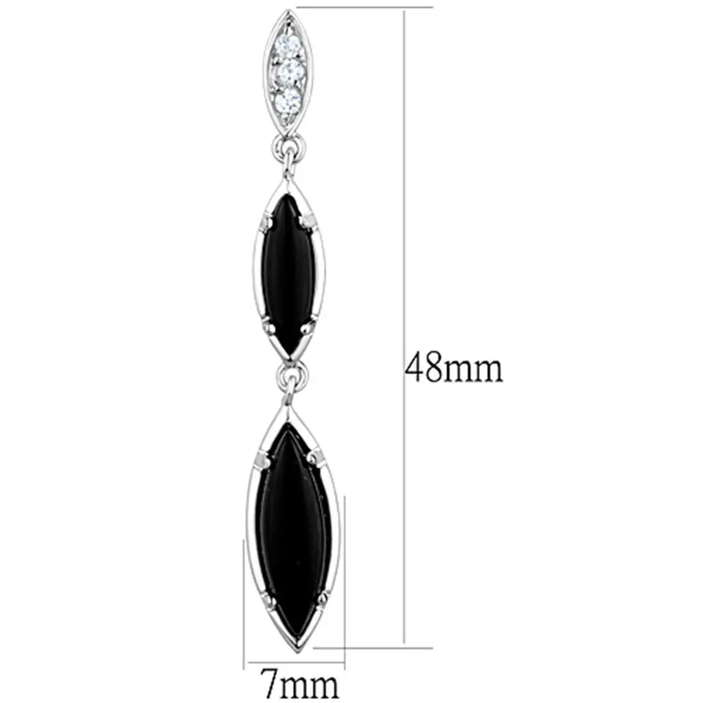 3W702 - Rhodium Brass Earrings with Synthetic Onyx in Jet