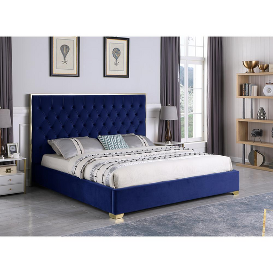 Kressa Velvet Fabric Tufted King Platform Bed in Blue/Gold