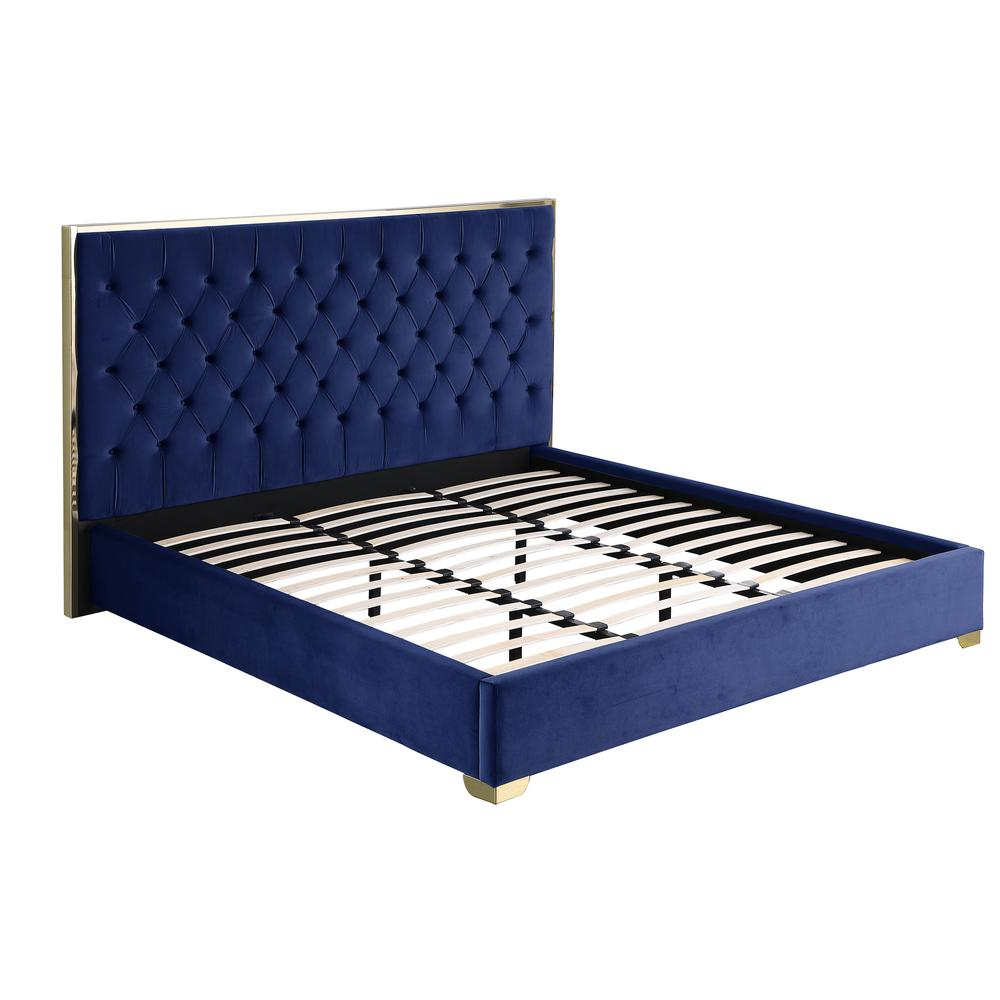 Kressa Velvet Fabric Tufted King Platform Bed in Blue/Gold