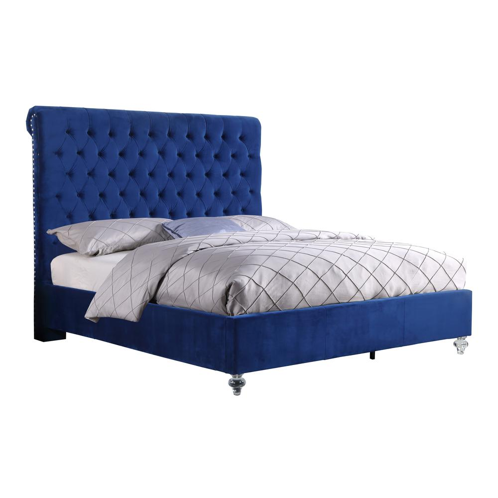 Navy Blue Velvet Uph. Panel Bed with Acrylic Feet - Cal. King