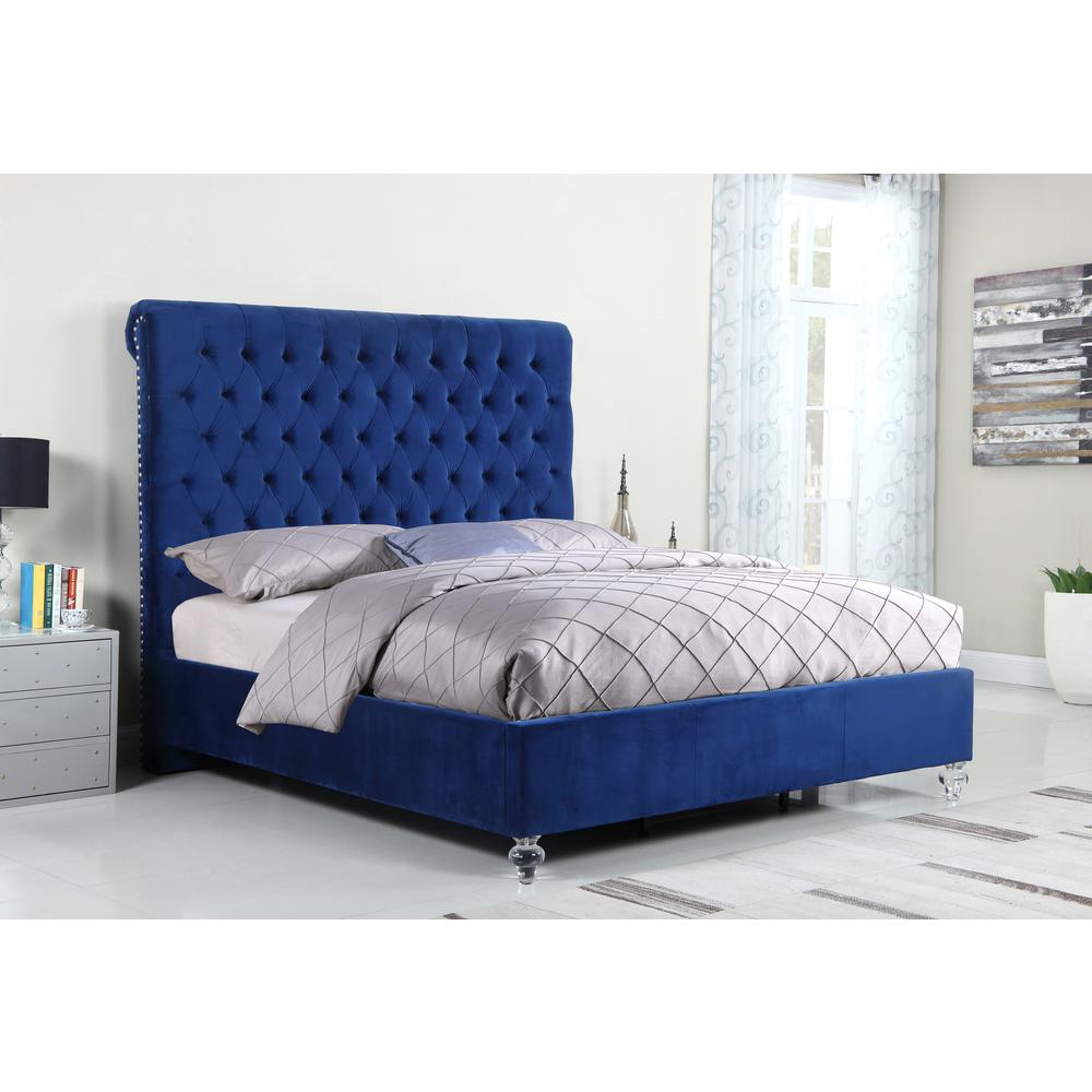 Navy Blue Velvet Uph. Panel Bed with Acrylic Feet - Cal. King