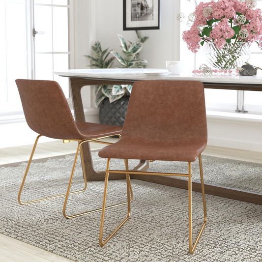 18 inch Dining Table Height Chair, Mid-Back Sled Base Dining Chair in Light Brown LeatherSoft with Gold Frame, Set of 2