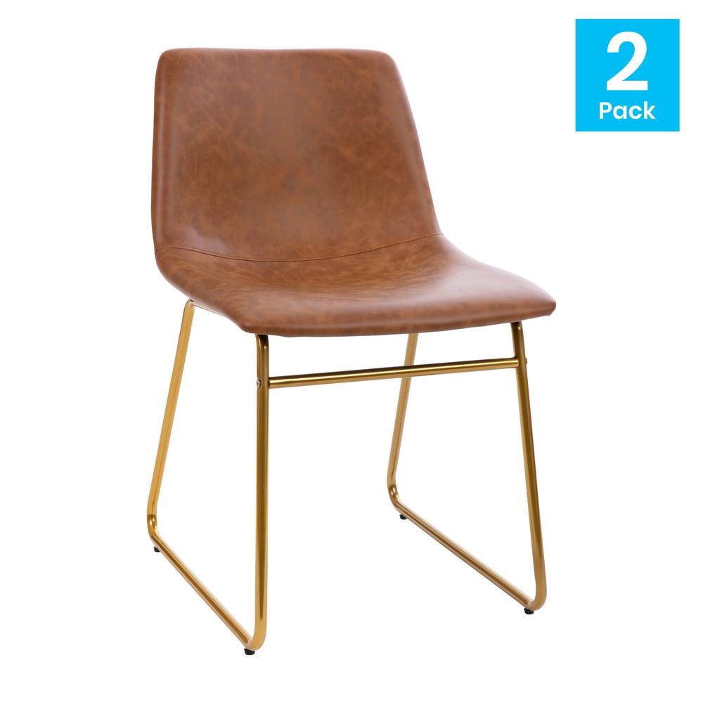 18 inch Dining Table Height Chair, Mid-Back Sled Base Dining Chair in Light Brown LeatherSoft with Gold Frame, Set of 2