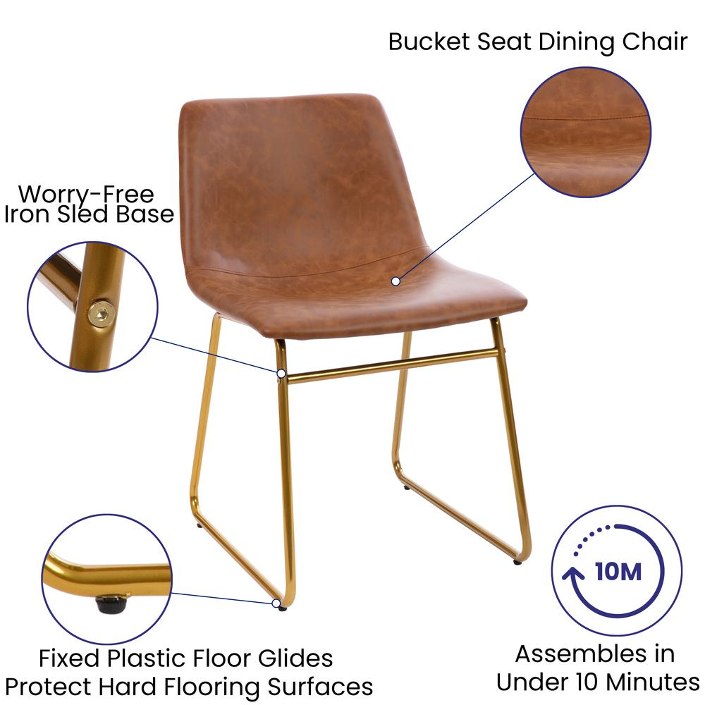 18 inch Dining Table Height Chair, Mid-Back Sled Base Dining Chair in Light Brown LeatherSoft with Gold Frame, Set of 2