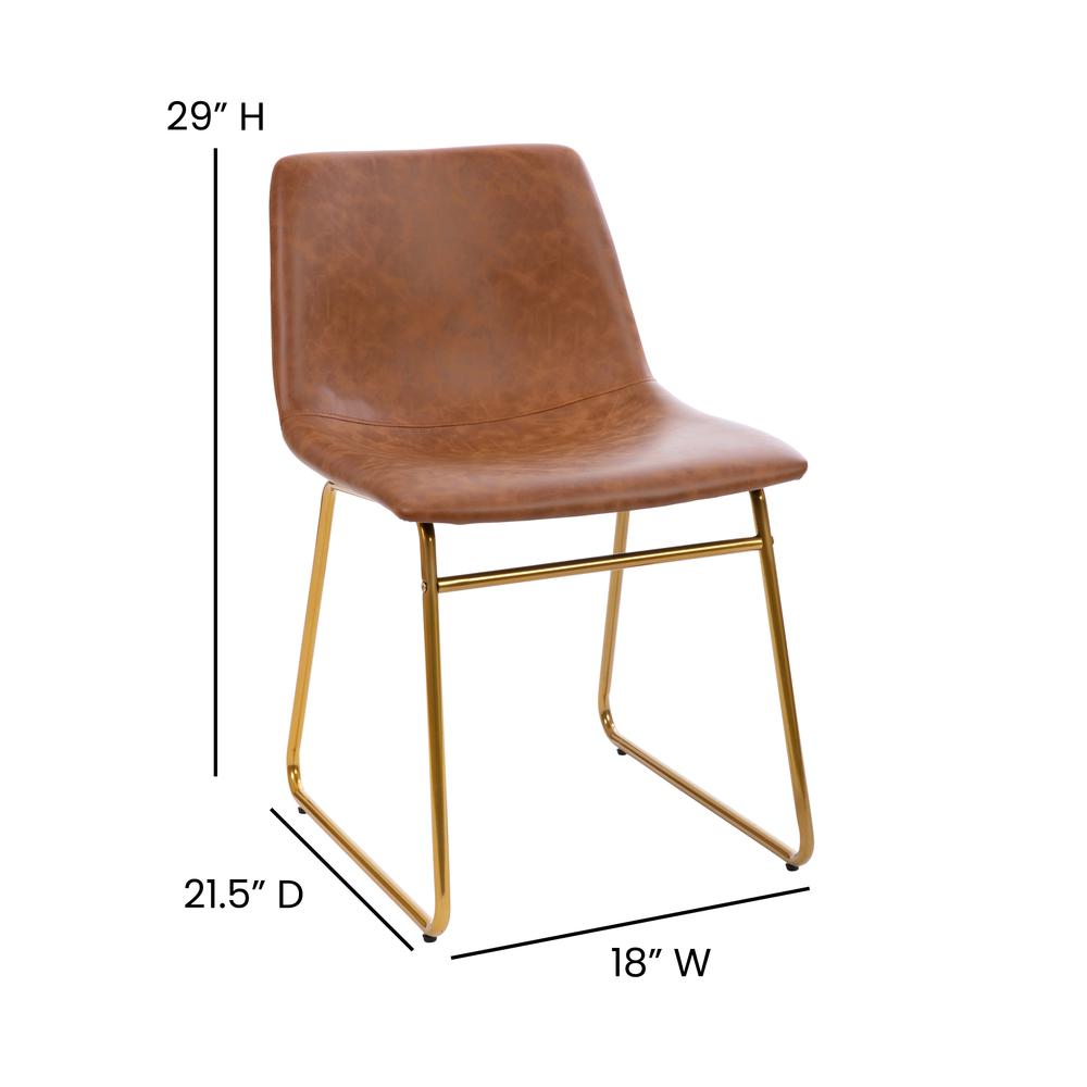 18 inch Dining Table Height Chair, Mid-Back Sled Base Dining Chair in Light Brown LeatherSoft with Gold Frame, Set of 2