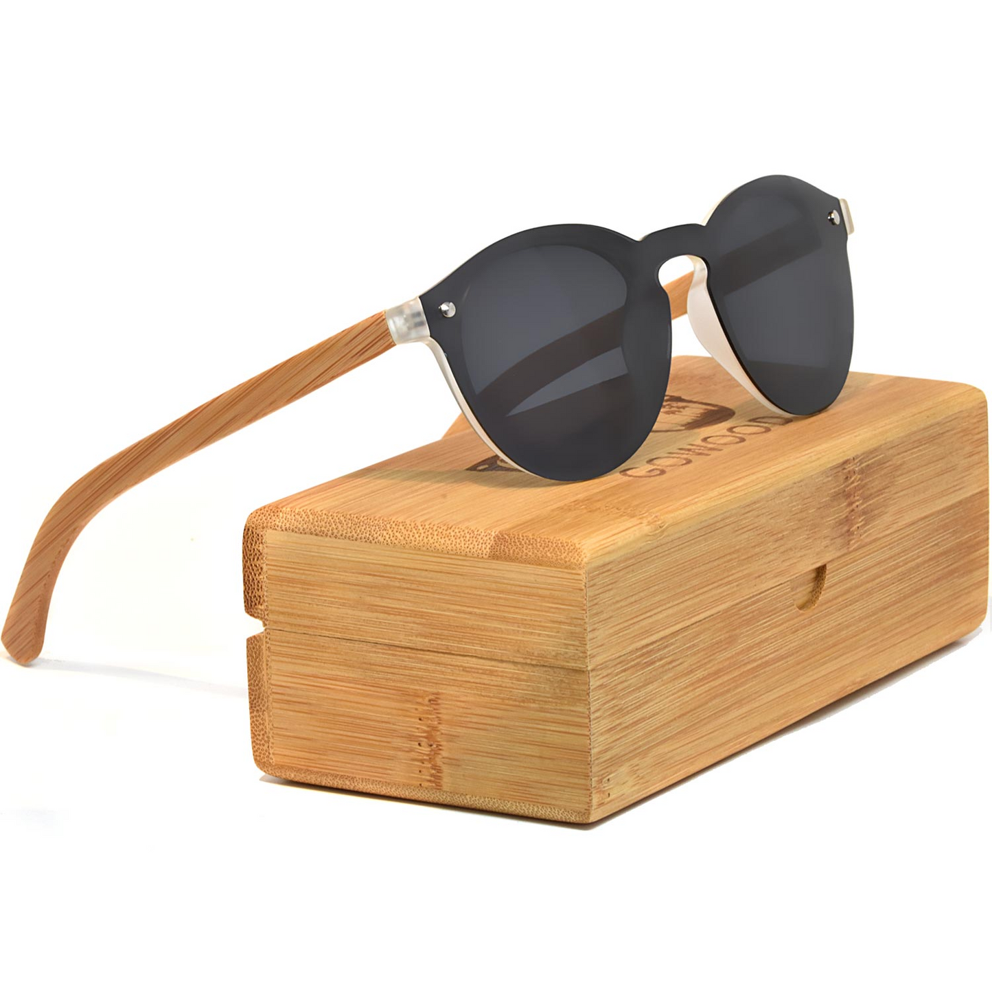 Round bamboo wood sunglasses with special one piece polarized dark grey lens