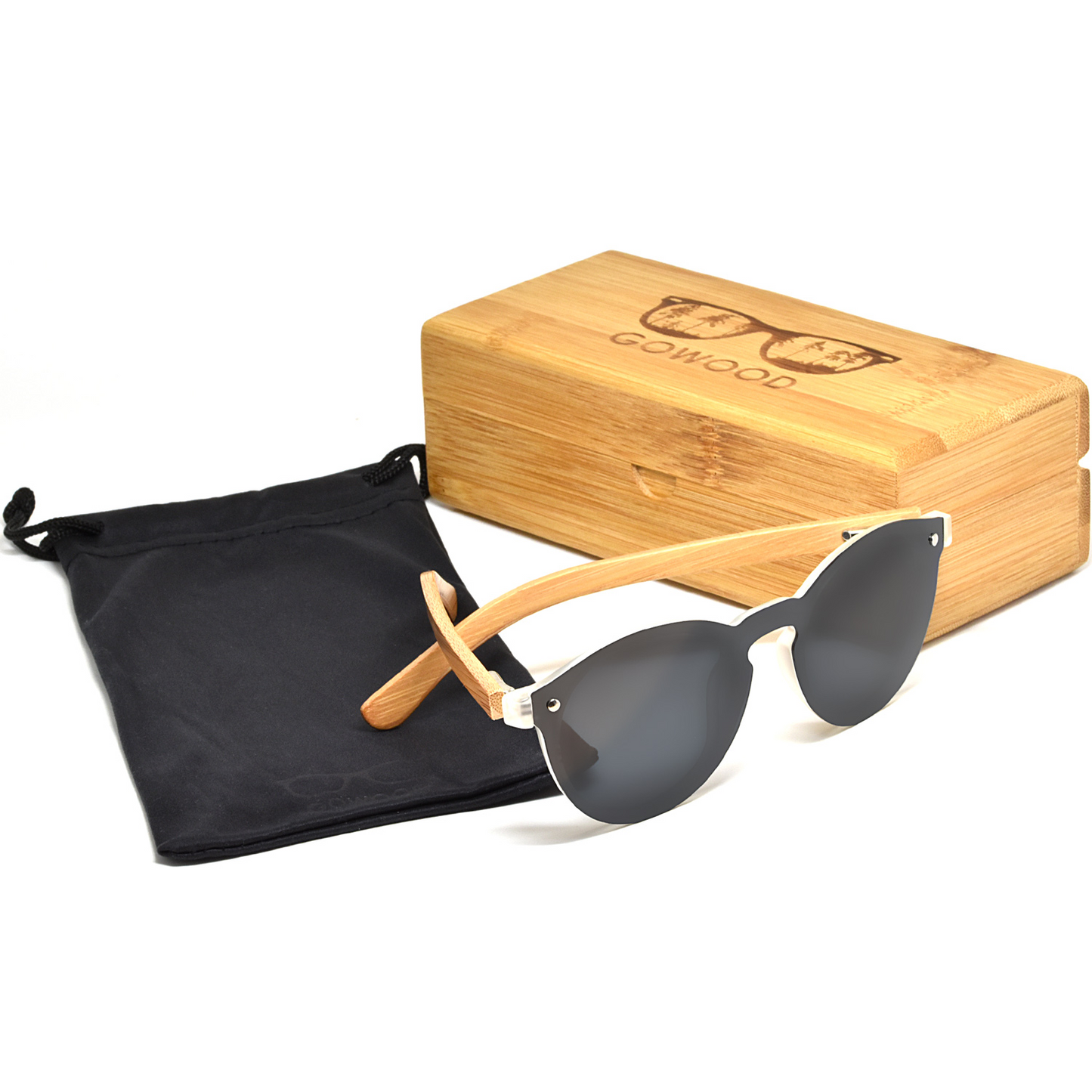 Round bamboo wood sunglasses with special one piece polarized dark grey lens