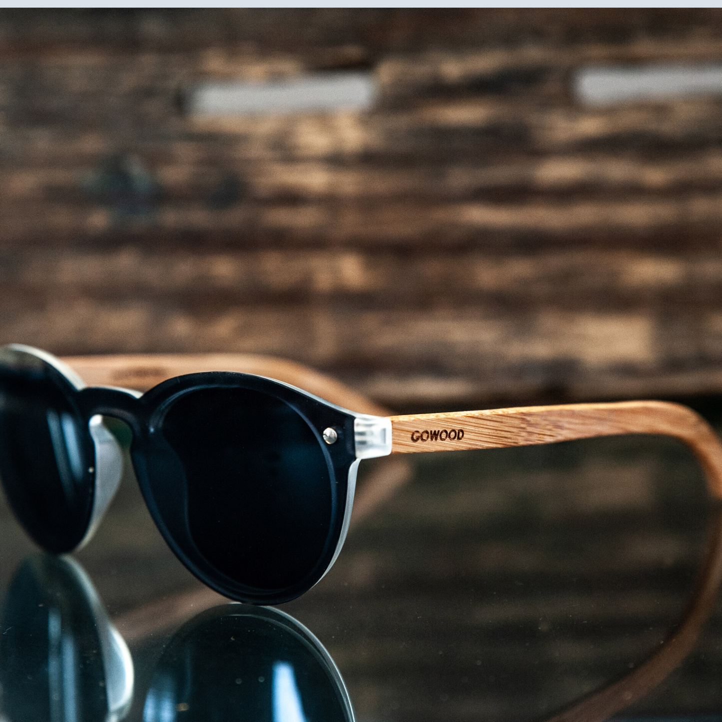 Round bamboo wood sunglasses with special one piece polarized dark grey lens