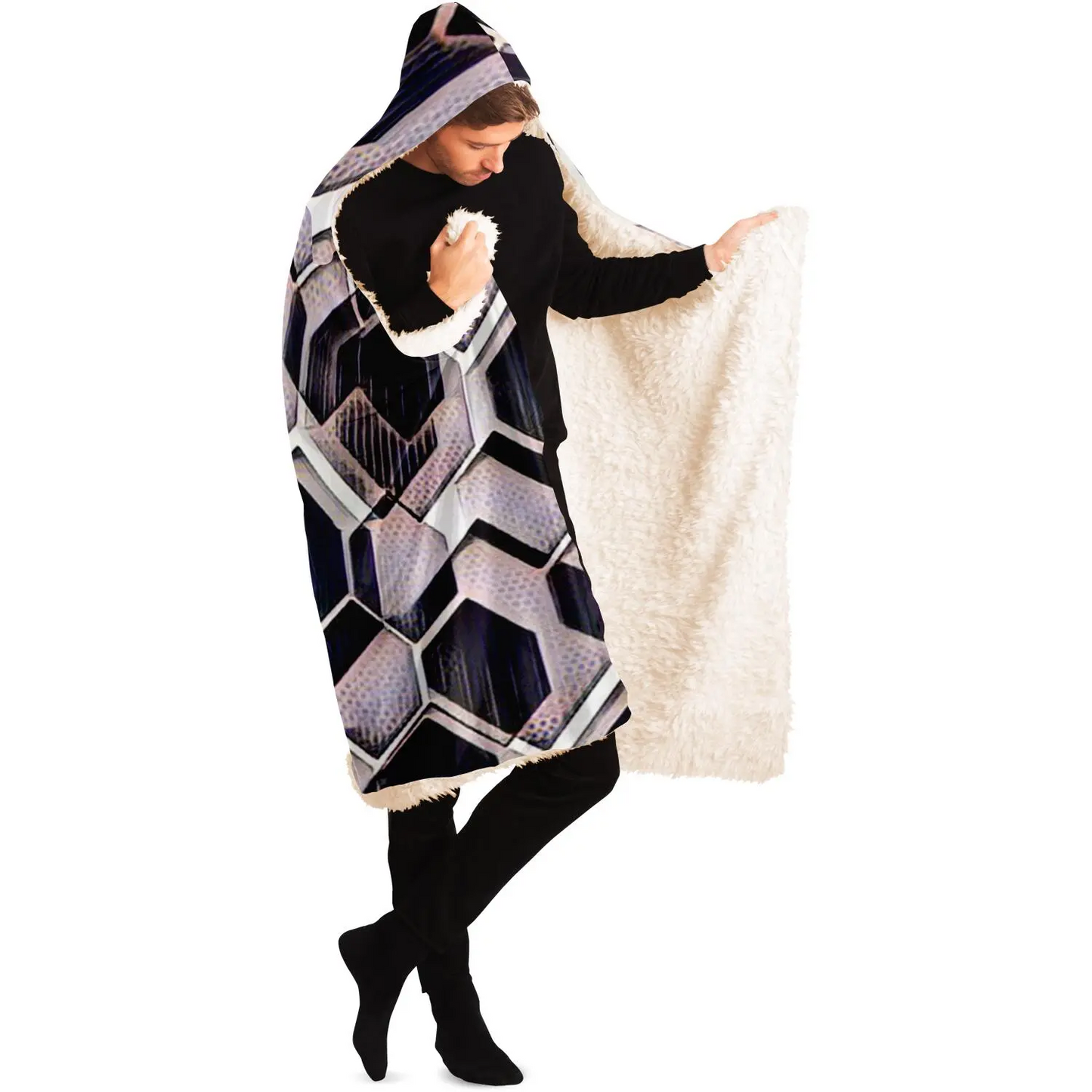 blue grey purple black and white abstract geometric pattern Hooded Blanket