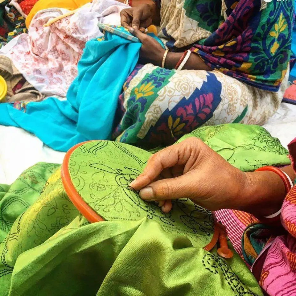 Vintage Silk Saree Scarf - Hand Stitched Kantha Upcycled