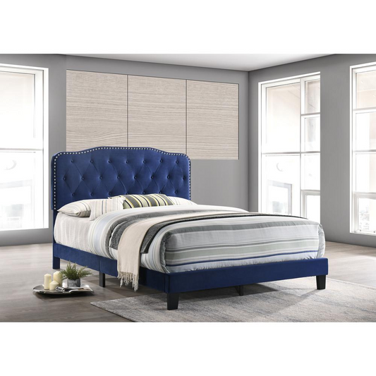 Navy Blue Velvet Uph. Panel Bed with Silver Nailhead - Queen