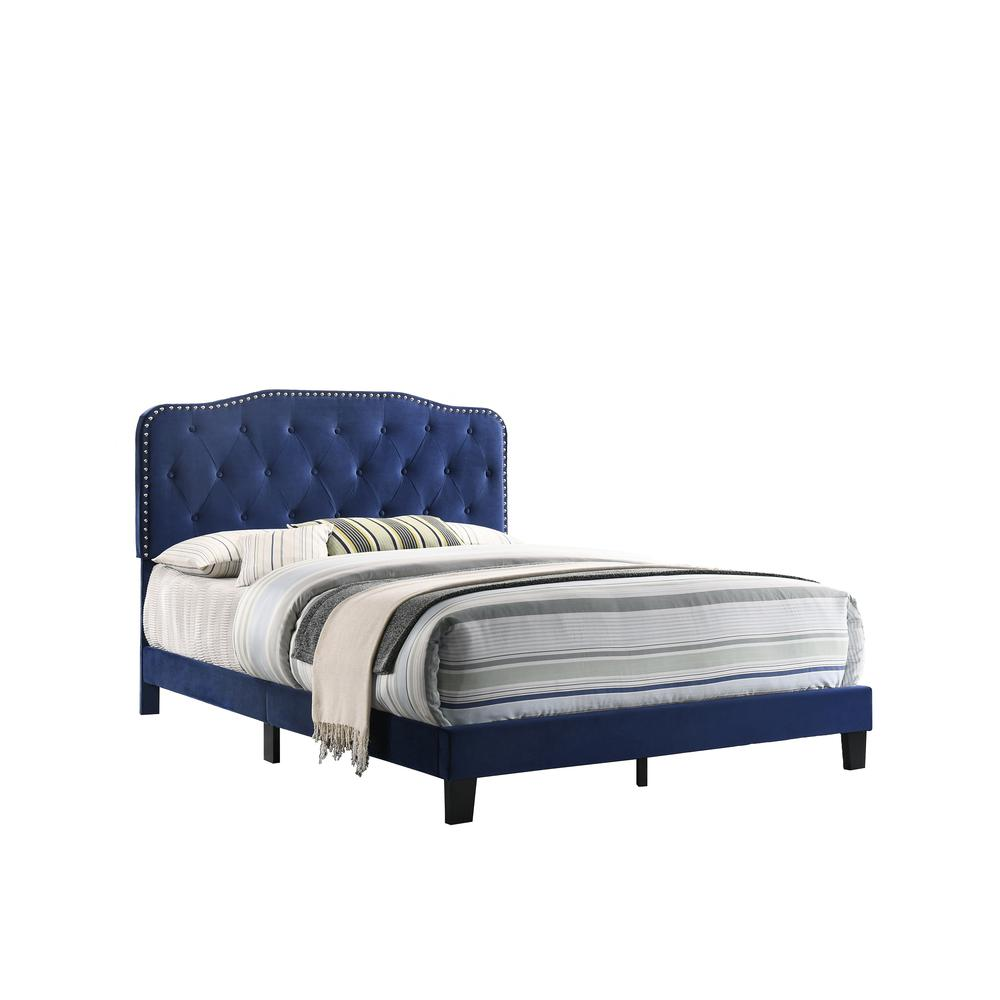 Navy Blue Velvet Uph. Panel Bed with Silver Nailhead - Queen