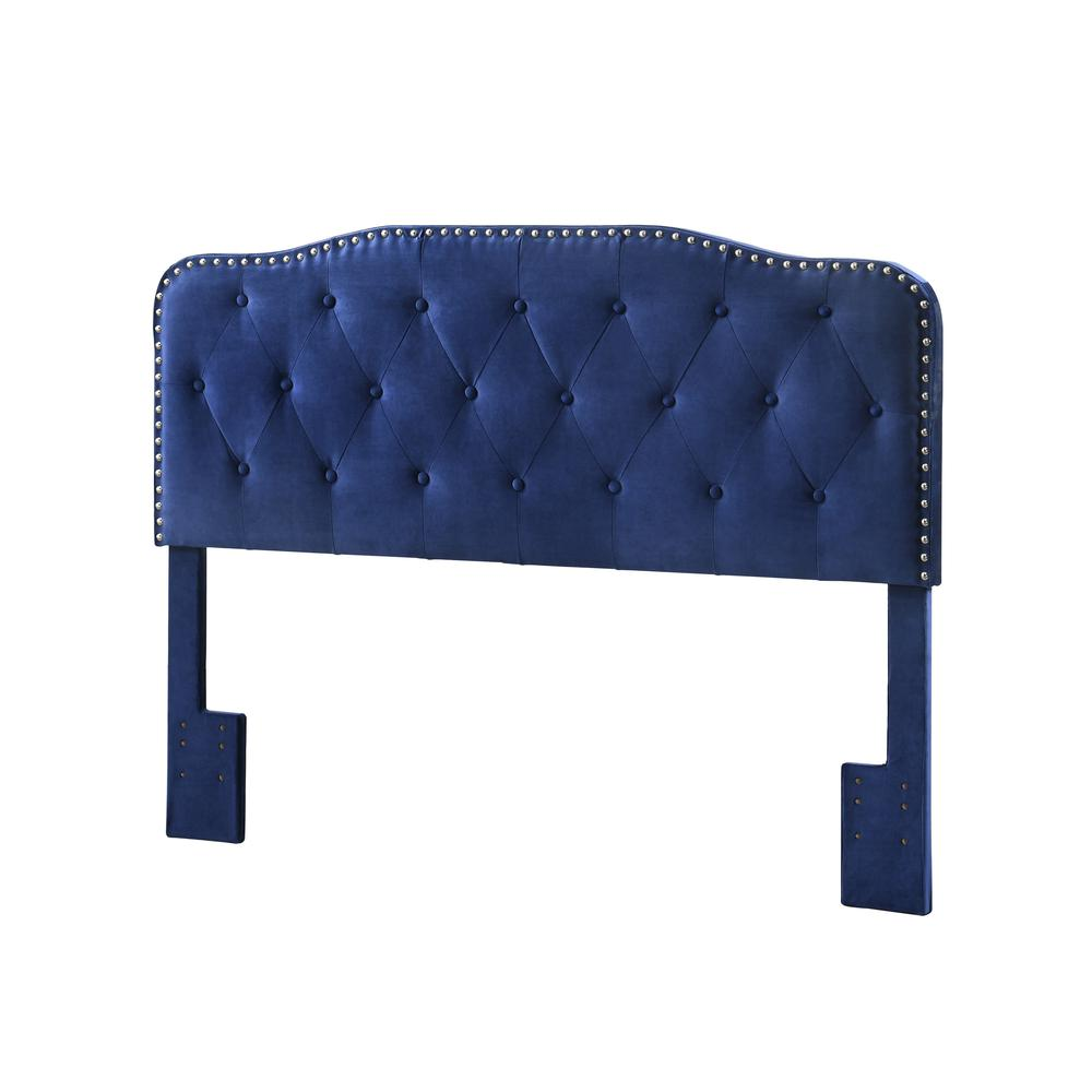 Navy Blue Velvet Uph. Panel Bed with Silver Nailhead - Queen