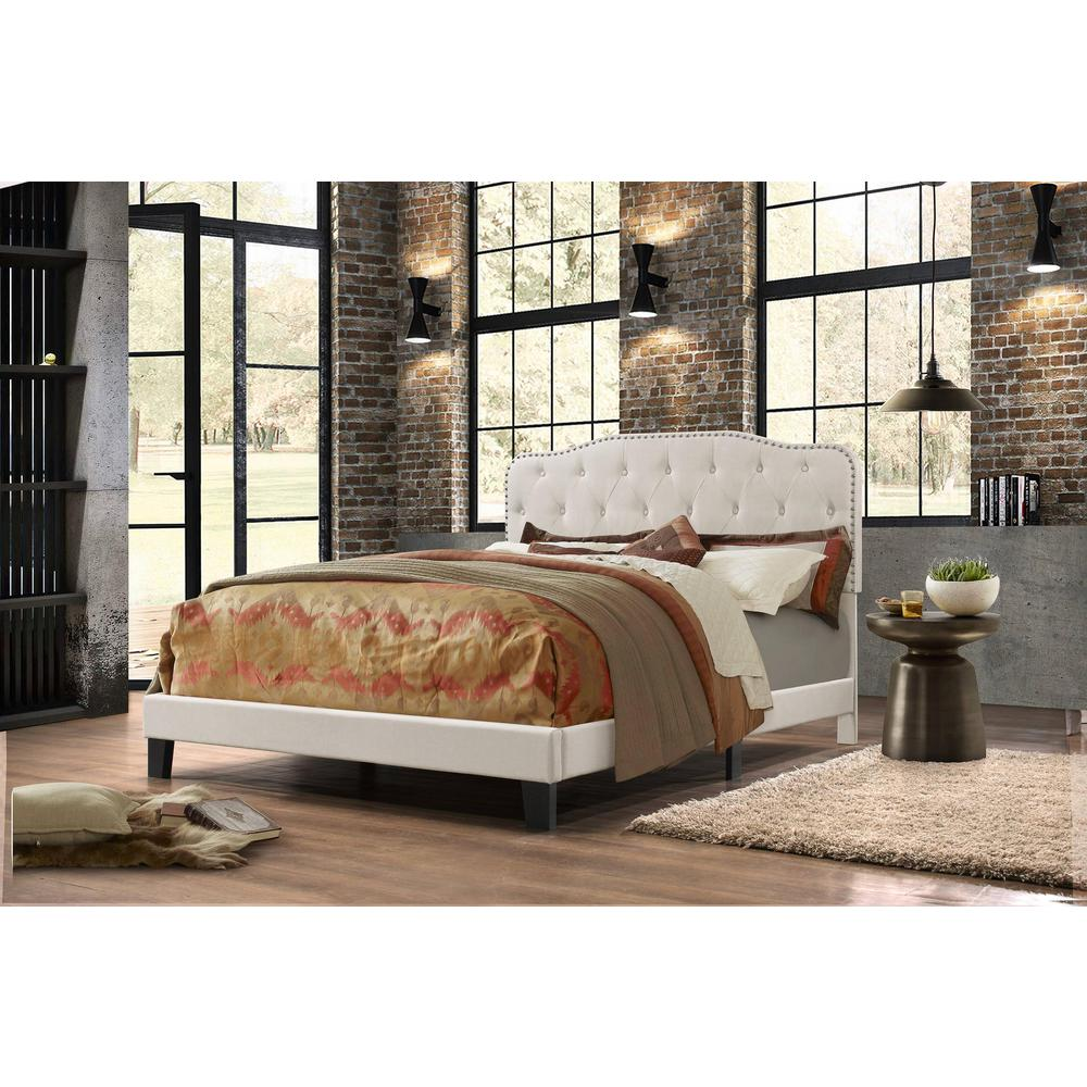 Beige Linen Uph. Panel Bed with Silver Nailhead- Queen