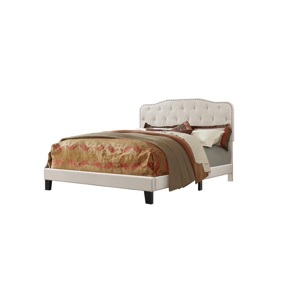 Beige Linen Uph. Panel Bed with Silver Nailhead- Queen