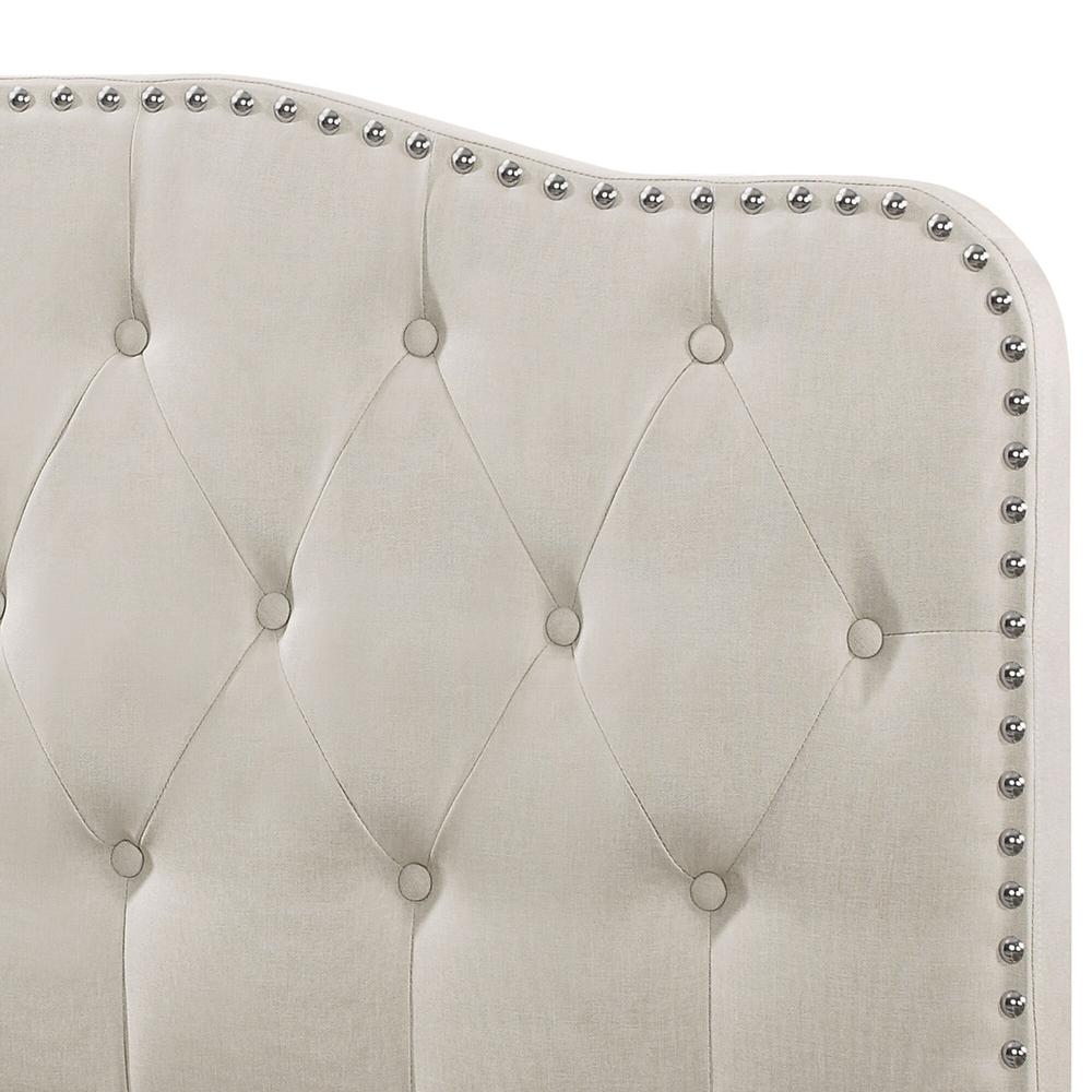 Beige Linen Uph. Panel Bed with Silver Nailhead- Queen