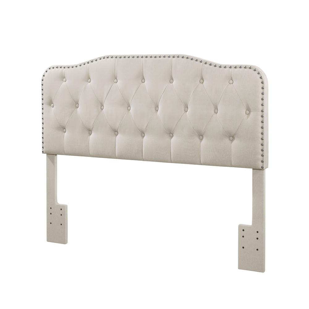 Beige Linen Uph. Panel Bed with Silver Nailhead- Queen