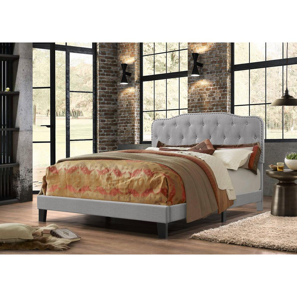 Gray Linen Uph. Panel Bed with Silver Nailhead- Queen