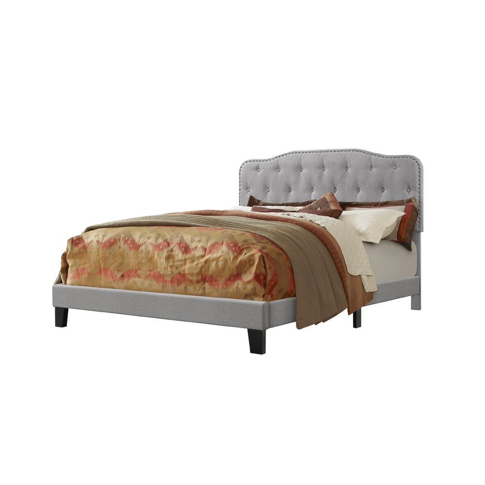 Gray Linen Uph. Panel Bed with Silver Nailhead- Queen