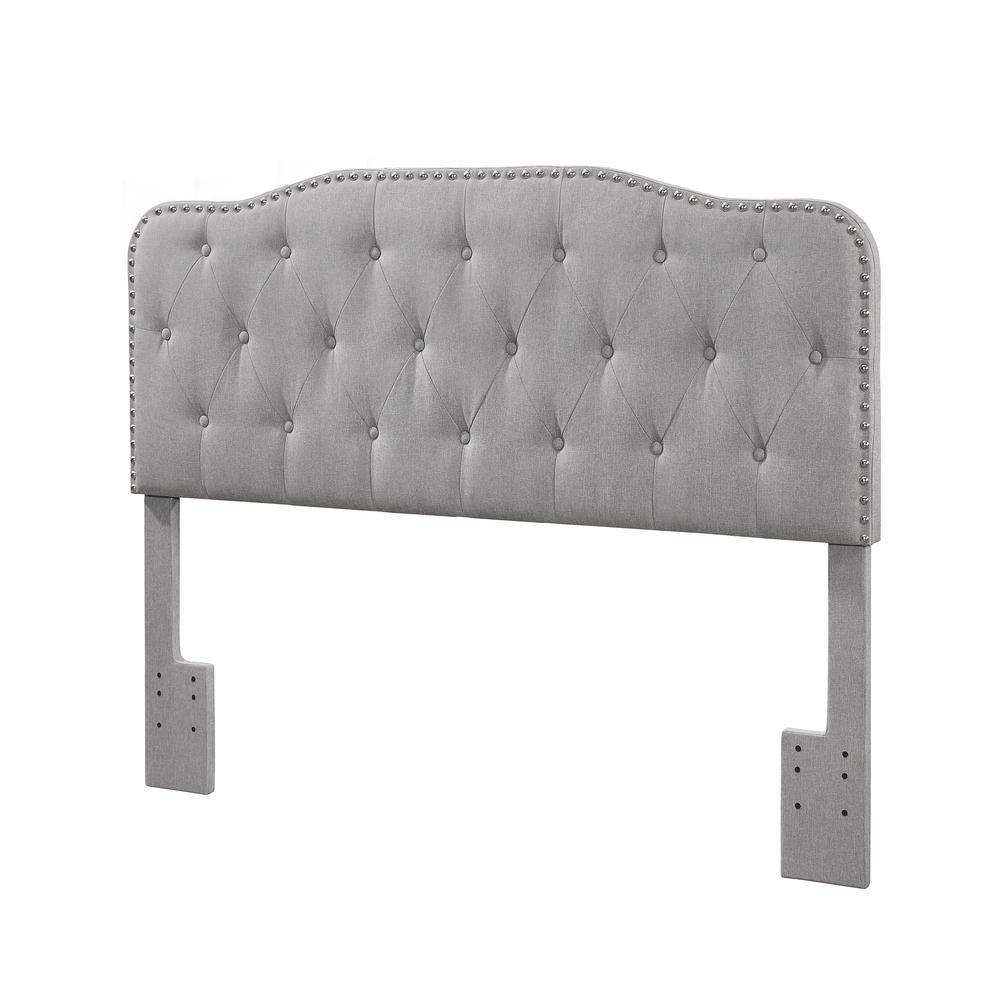 Gray Linen Uph. Panel Bed with Silver Nailhead- Queen