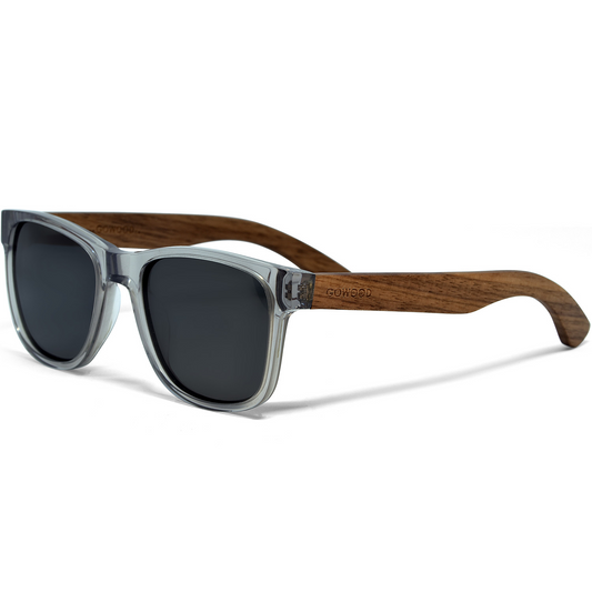 Walnut wood classic style sunglasses with black polarized lenses